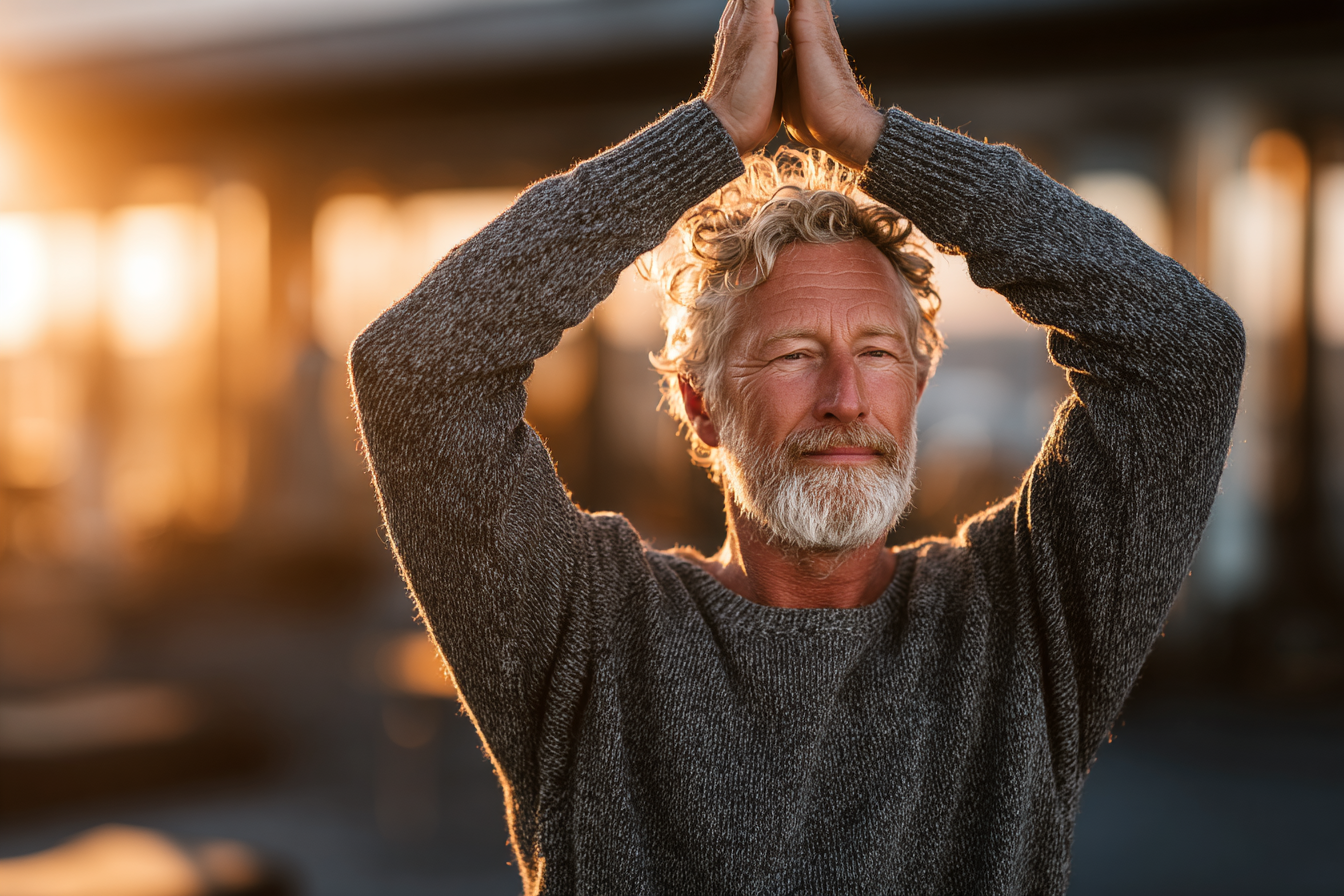 Senior practicing yoga in a peaceful setting